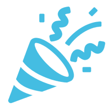 Blue party popper icon with confetti and streamers bursting out, perfect for Bouncy House Fun celebrations, shown on a transparent background.